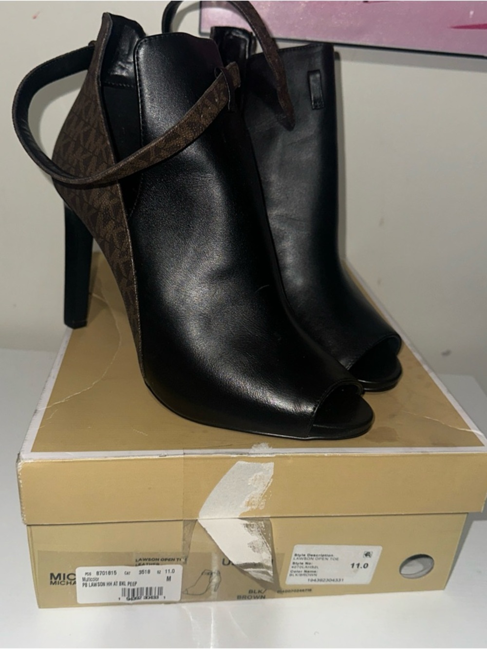 Michael Kors Black & Brown Logo-Accent Peep Toe Ankle Booties - Picture 3 of 6